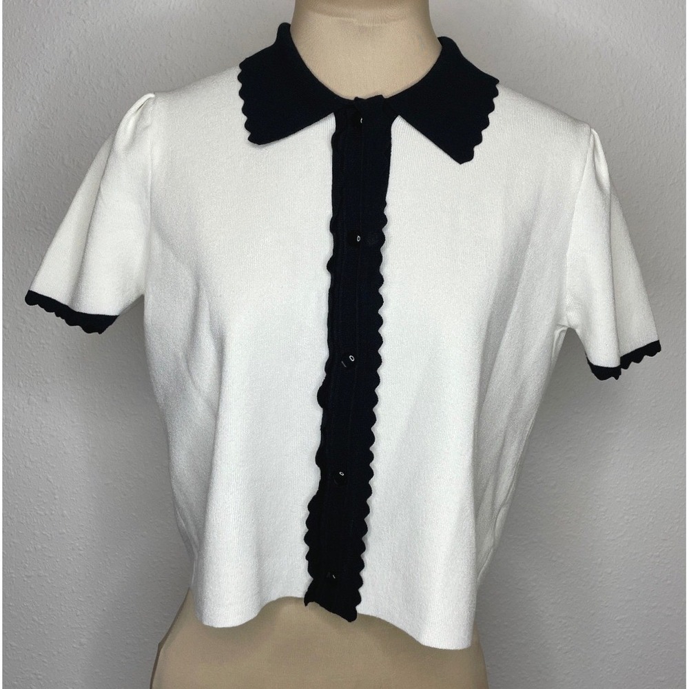 Laundry by Shelli Segal Women Top Scallop Trim Button Front Small White Black